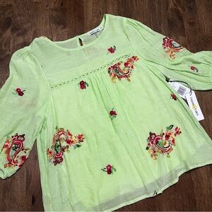 NWT Figueroa & Flower Boho Peasant Floral Embroidered Green Cottage Blouse PM